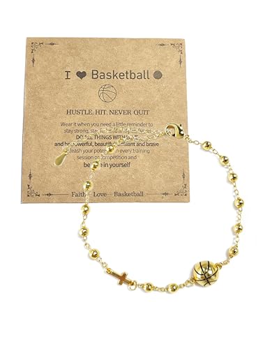 Gold-Tone Cross Link Bracelet with Sports & Heart Charms - Basketball Football Bracelet for Women, Faith-Inspired Christian Gifts for Women (Adjustable Chain) - color: Golden Basketball