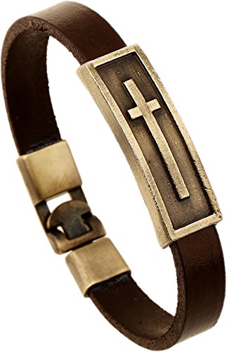 Men Punk Alloy Leather Bracelet Cross Bracelet Bangle Wristband - color: Brown