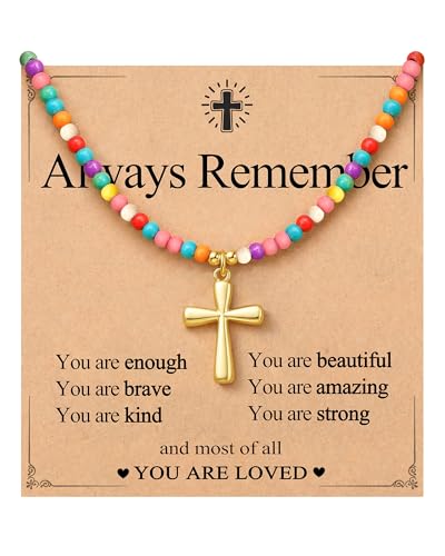PINKDODO Colorful Bead Cross Necklace for Girls Christian Gifts with Crad