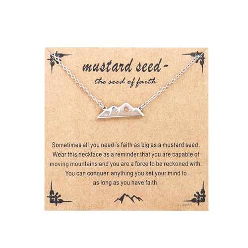 Mustard Seed Necklace - Rectangle, Round, Mountain, Hill Christian Faith Geometric Religious Inspirational Gift With Message Card - color: Silver, style: Mountain