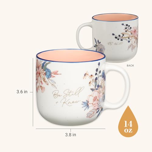 Christian Art Gifts Large Inspirational Ceramic Coffee & Tea Mug for Women - color: White & Light Pink Floral/Be Still, size: 14 Ounces