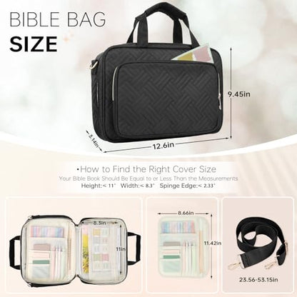 Bible Cover Case for Women Bible Study Supplies Christian Gifts for Women Church Camp Essentials Christian Bible Journaling Kit Quilted Large Bible Cover with Durable Handle (Black, Large) - color: Black