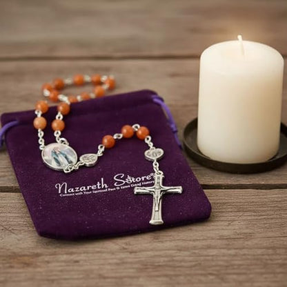 Nazareth Store Natural Stone Beads with Miraculous Epoxy Heart Metal Beads Rosary Necklace Gemstone Christian Gifts - color: Red Aventurine