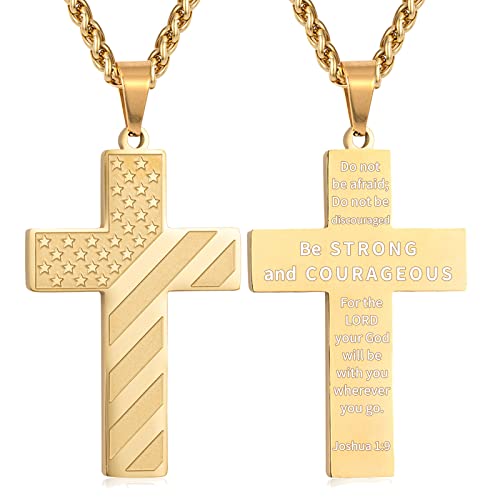 DuoDiner 18+2" Cross Necklace for Men Boys Christian Confirmation Gifts - color: Gold, style: Joshua 1:9