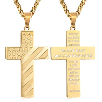 DuoDiner 18+2" Cross Necklace for Men Boys Christian Confirmation Gifts - color: Gold, style: Joshua 1:9
