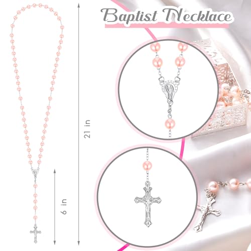 ROCEEI Catholic Rosary Necklace Pearl Rosary Bead with Box - color: Pink