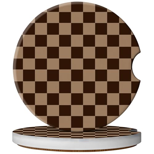 2 Pack Car Coasters for Cup Holders, Cute Car Accessories Interior (Grid-Brown) - color: Grid-brown