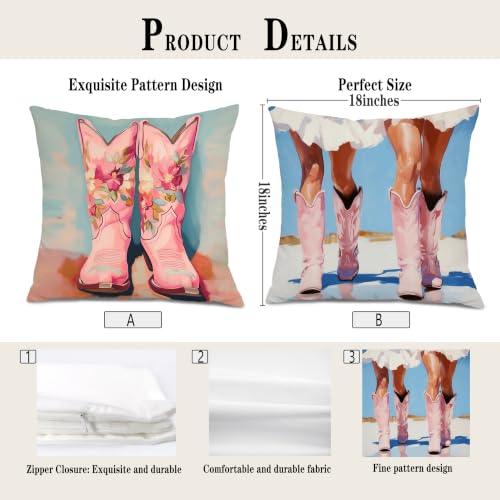 Pink Coastal Cowgirl Boot Throw Pillow Covers 18x18 Set of 2 - color: Colour -CC