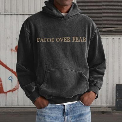 Christian Faith Over Fear Hoodies for Men Jesus Religious Graphic Sweatshirt Bible Verse Acid Wash Pullover Hoodie - color: Black, size: XX-Large