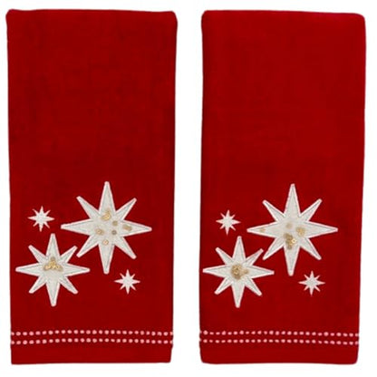 Serafina Home Christmas Bath Hand Towels, Stars with Sequins, Cotton, Red, 16" x 25", Set of 2 - color: Organza Stars