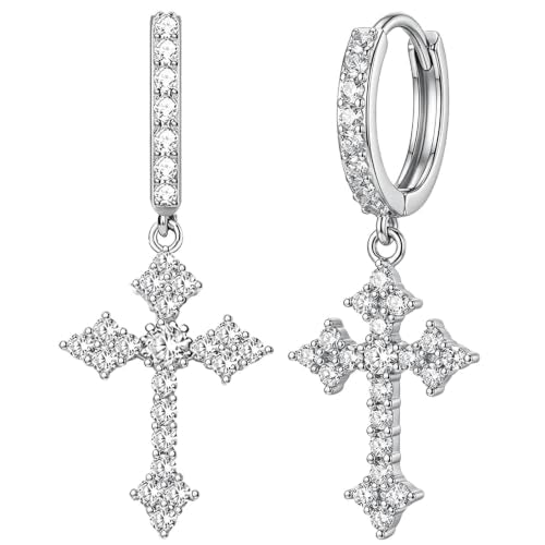 NEWITIN CZ Cross Earrings for Men Women 14K Gold Plated Huggie Hoop Earring - color: Silver A