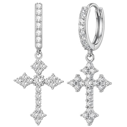 NEWITIN CZ Cross Earrings for Men Women 14K Gold Plated Huggie Hoop Earring - color: Silver A