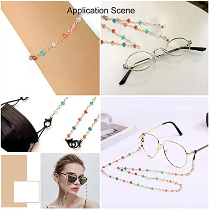 LiQunSweet 32.8 Ft(10M) Handmade Natural Dyed Jade Stone Beaded Rosary Wrapped Chain with Golden Brass Finding for Handcrafted Jewelry Making Anti-Lost Eyeglasses Strap Safety Rope DIY - 4x3mm Beads - color: Colorful+Golden