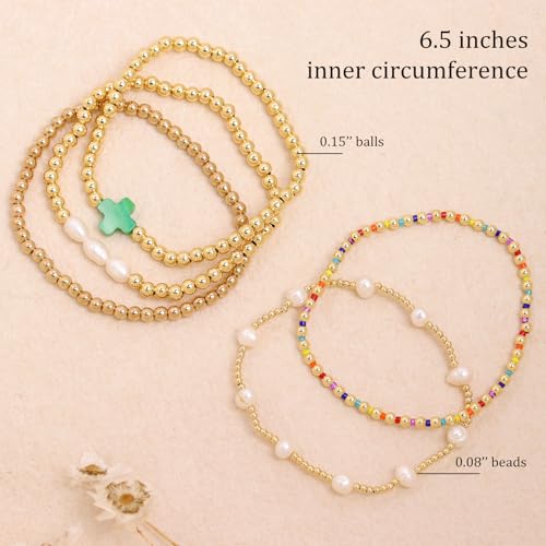 Gold Pearl Beaded Cross Bracelets Stack Set for Women, Boho Handmade Colorful Small Beads Stretchable Jewelry Friendship Summer Trendy Gift. - color: green
