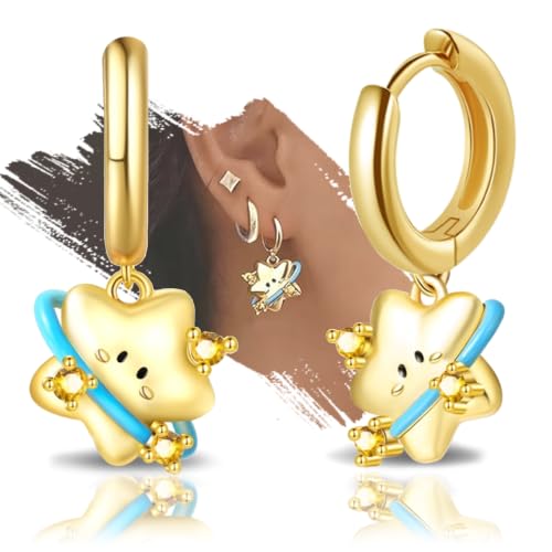 925 Sterling Silver Cute Animal Unique Huggie Hoop Earrings for Women - color: Gold Smiley Star