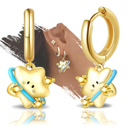 925 Sterling Silver Cute Animal Unique Huggie Hoop Earrings for Women - color: Gold Smiley Star
