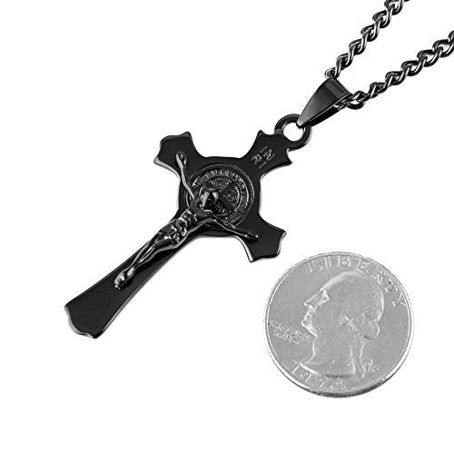 HZMAN Stainless Steel St. Benedict Crucifix Cross Necklace for Men - color: Standard Black