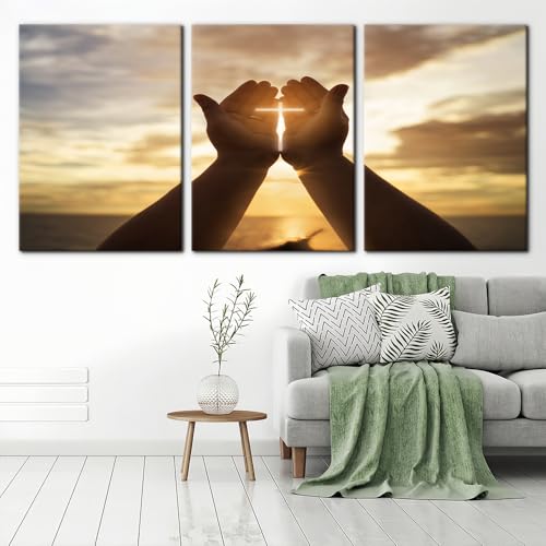 Pacimo Canvas Wall Art, Set of 3 Framed Art Prints, Jesus Hands Prayer Painting, Christian Crosses Print on Canvas Set, Sunset Modern Wall Decor for Bedroom Living Room Office Decor - 20"x28"x3 - color: Wallart-05, size: 20"x28"x3 Panels