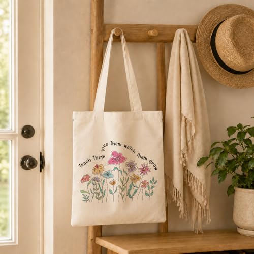 Aesthetic Flower Tote Bags, Teach Them Love Them Watch Grow, Weekend Bag, Beach Travel Bags, Teacher Thank You Gift, Useful Canvas Tote Bag, Meaningful Gifts to Teachers Parents - color: Style 08
