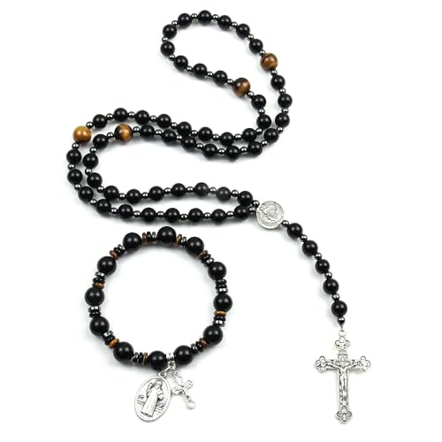 Rosary for Men Women, Natural Stone Beads with St. Benedict Bracelet - color: Obsidian