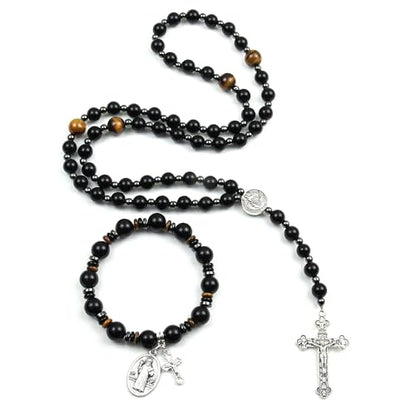 Rosary for Men Women, Natural Stone Beads with St. Benedict Bracelet - color: Obsidian