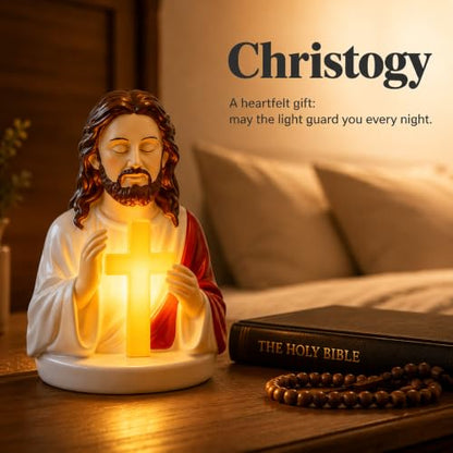 Sacred Jesus Cross Figurine LED Night Lamp, 6'' Resin Jesus Bust Statue with Illuminated Cross, Soft Warm Light Prayer Devotional Lamp,Gift for Baptism, Easter, Christmas, Housewarming - color: Red