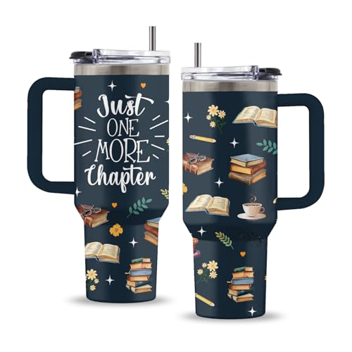 Book Lover 40oz Tumbler, with Handle & Straw, Stainless Steel Cup - color: Chapter