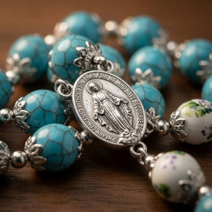 Nazareth Store Catholic Turquoise Marble Beads Rosary Flowers Beaded Necklace Miraculous Medal Cross Crucifix Silver Tone Rosaries in Velvet Bag