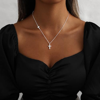Cross Necklace for Women 14K Gold Silver Plated Small Cross Necklace Dainty Cross Pendant Choker Simple Trendy Cute Sideway Cross Charm Chain Necklaces for Women Trendy Christian Baptism Religious Faith Jewelry Gifts - size: Silver-153