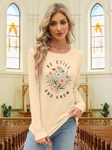 Christian Shirts for Women: Faith Over Fear T Shirt Religious Graphic Tee Bibel Verse Long Sleeve Tops - color: Apricot2, size: Small