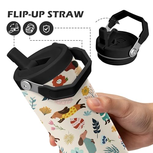 Hiboss Dachshund Tumbler with Handle and Flip Straw 28oz, Insulated Stainless Steel Wiener Dogs Cup Mug, Birthday Gifts for Women Dackel Owners Dog Mom Lovers Girls - color: Dog