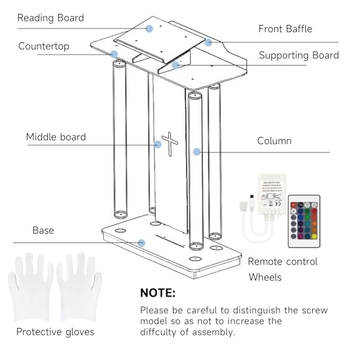 Church Pulpit with 15 Colors Adjustable and 4 Flashing Models, 46” Clear Acrylic Podium with 4 Wheels & Vertical Reading Platform, Lecterns for Churches, Classroom (39.4”L*15.7”W *44”H)