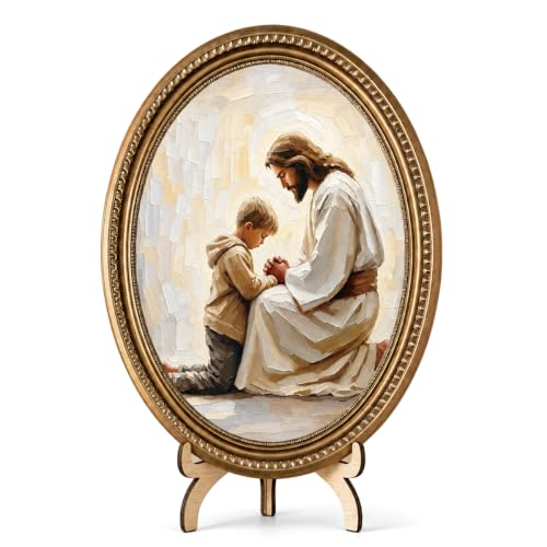 Vintage Jesus Wall Art, Comforting Boy Oval Wood Sign for Home, 11.2 Inch