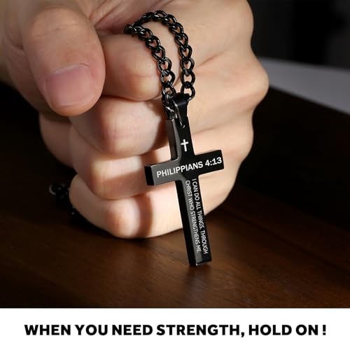 REVEMCN Black & Silver Bible Verse Cross Necklace for Men Boys 20-24" Chain - color: Philippians 4:13 - Black