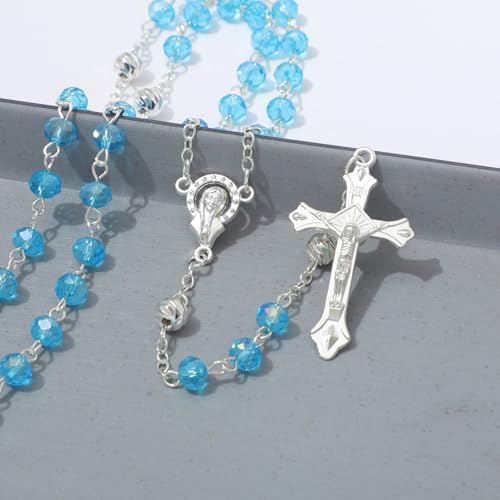 KOMI Crystal Rosary Beads with Jesus Crucifix, Catholic Necklace for Women First Communion Rosarios Wedding Rosary with Velvet Bag - style: 6MM-blue