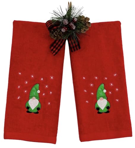 Christmas Red Guest Hand Bathroom Towels, Cute Festive Winter Gnome, 16x26" - color: Green Gnome on Red