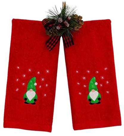 Christmas Red Guest Hand Bathroom Towels, Cute Festive Winter Gnome, 16x26" - color: Green Gnome on Red