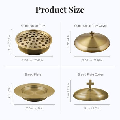 Communion Ware Holy Wine Serving Tray with A Lid & A Stacking Bread Plate with A Lid - Stainless Steel (Brass/Gold) - color: Brass/Gold