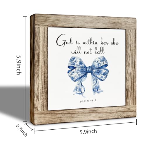 Christian Motivational Wooden Desk Decor Wooden Box Sign, God Is Within Her She Will Not Fall, Floral Bow Pattern Psalm 46:5 Desk Decor, Inspirational Farmhouse Bible Verse Sign - color: color18