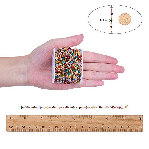 LiQunSweet 32.8 Ft(10M) Handmade Natural Dyed Jade Stone Beaded Rosary Wrapped Chain with Golden Brass Finding for Handcrafted Jewelry Making Anti-Lost Eyeglasses Strap Safety Rope DIY - 4x3mm Beads - color: Colorful+Golden