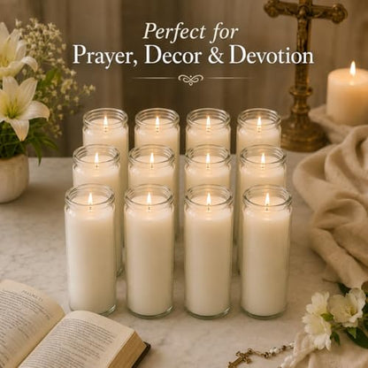 White Prayer Glass Candles Unscented, Bundle 12 Pack