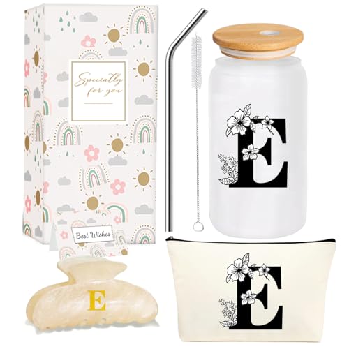 Monogrammed Initial Glass Cup Personalized Gifts for Women 16oz Initial Letter Glass Cups w/Lids Straws Birthday Valentine Mothers Day Gift for Her, E - color: Letter Cup-E