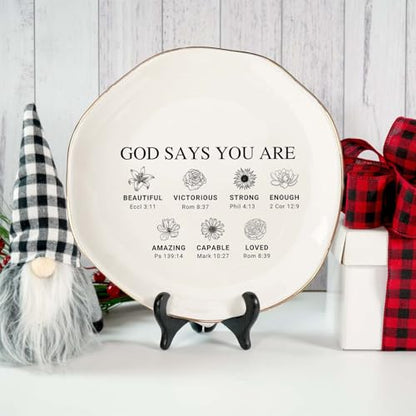 God Says You Are Beautiful Ring Dish – Christian Ceramic Jewelry Tray for Women, Inspirational Bible Verse Trinket Holder Gift for Her, Religious Baptism Gift - color: You Are Beautiful-02