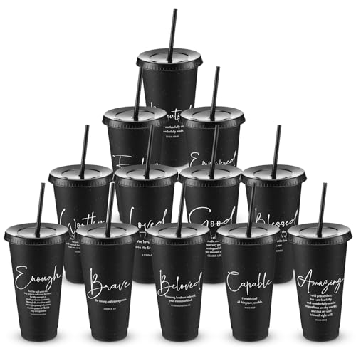 Engrowtic 12 Set Christian Tumblers with Lid Straw 24 oz, Black - color: Black
