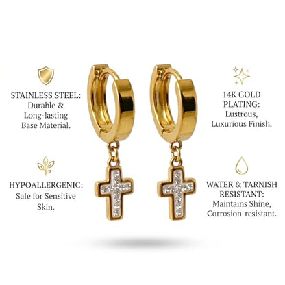 14k Gold Plated Stainless Steel Dangle Hoop Earrings for Women, Hypoallergenic, Water and Tarnish Resistant