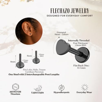 FLECHAZO Titanium Gunmetal Flat Back Earrings,Screw Back Earrings, ASTM F136 Implant Grade with Internally Threaded Front Screw, Interchangeable Posts 16G 8mm or 18G 9mm, Hypoallergenic for Cartilage Helix Tragus Conch Lobe (Sold as 1 Single Earring) - st