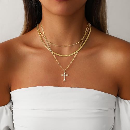 Amicon Cross Necklace for Women 14K Gold Plated Dainty Heart Cross Pendant Choker Simple Trendy Cute Cross Charm Diamond Necklace Faith Jewelry Religious Minimalist Gift - style: Layered Figaro Cross-GD