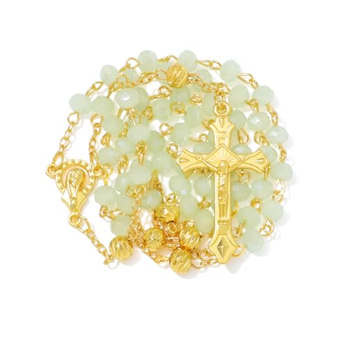 KOMI Crystal Rosary Beads with Jesus Crucifix, Catholic Necklace for Women First Communion Rosarios Wedding Rosary with Velvet Bag - style: 6MM-green-2