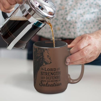 Christian Art Gifts Large Inspirational Ceramic Microwave & Dishwasher Safe Coffee & Tea Scripture Mug for Men & Women: Lord is My Strength Encouraging Bible Verse, Lion Design, Brown & Black, 14 oz. - color: Brown Lion/Lord is My Strength
