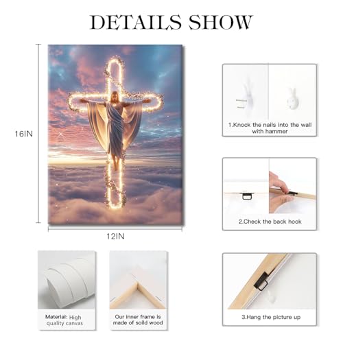 RJETZMU Jesus Cross Canvas Wall Art, Gallery Wrapped Christian Print, 12x16 - color: Beautiful Jesus, size: 16"L x 12"W